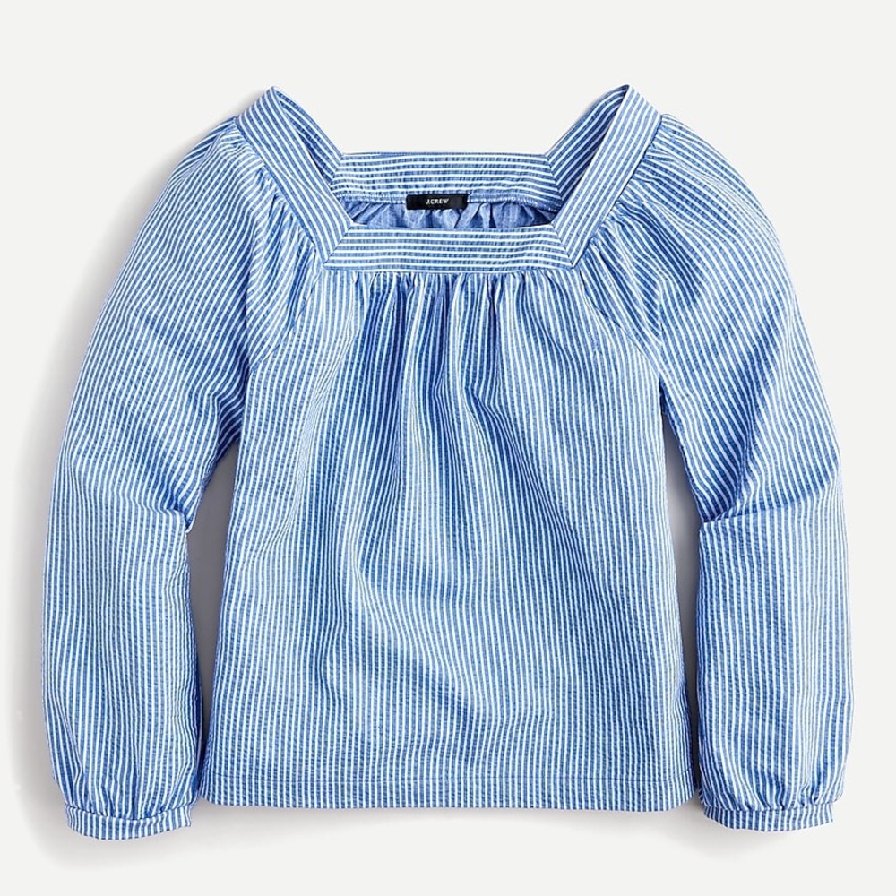 J Crew Seersucker Square Neck Long Sleeve Blouse